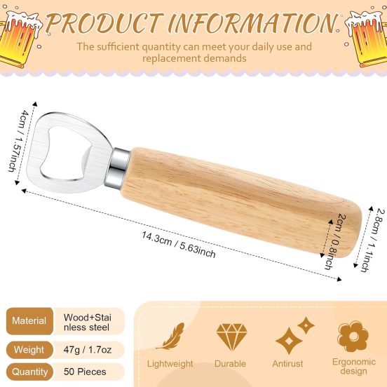 50 Pcs Wood Wine Bottle Opener Stainless Steel Bottle Opener Wood Handheld Heavy Duty Bartender Cider Engraved Gift Set for Kitchen Wedding Party Bar Home Restaurant