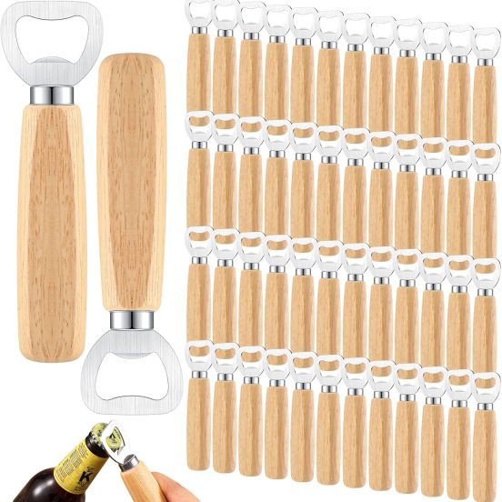 50 Pcs Wood Wine Bottle Opener Stainless Steel Bottle Opener Wood Handheld Heavy Duty Bartender Cider Engraved Gift Set for Kitchen Wedding Party Bar Home Restaurant